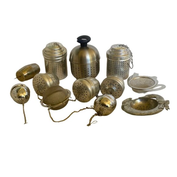 Vintage Metal Tea Infuser Collection 10 Set Chain & Hook Details 2 Strainers - Picture 9 of 10